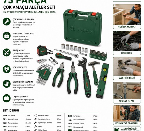 BOSCH-1 600 A03 9HZ ( 531 ) ( 73PCS ) HIRDAVAT SET ( KURBAĞACIK-KERPETEN-PAPAĞAN PENSE-ÇEKİÇ-CIRCIR KOL-TORNAVİDA-BİTS UÇ-ALYAN SET-SU TERAZİSİ- PENSE- MAKET BIÇAK & YEDEK -ŞERİT METRE-KALEM)*1