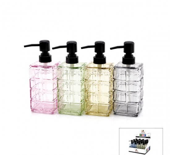 ALVETRO ALV-05 ( ŞEFFAF RENKLİ CAM ) SIVI SABUNLUK ( 400ML ) ( KARE KESİK DESENLİ CAM )*12X4