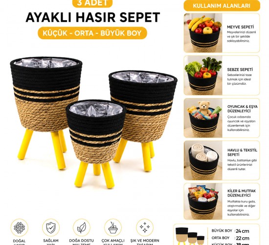 ALVETRO ALV-01 ( 3PCS ) AYAKLI HASIR & AHŞAP SEPET ( MİX DESEN ) ( 18-22-24CM )*6=K