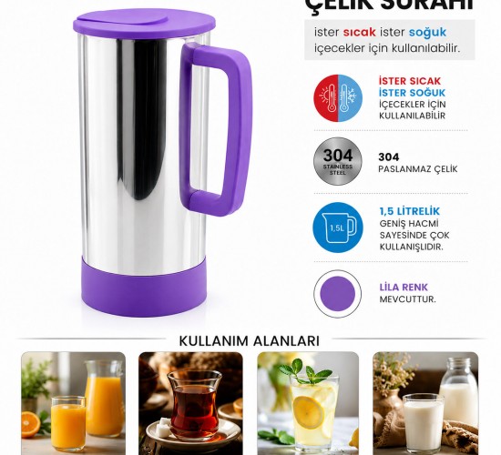 KRT-1141 ( LİLA & PASLANMAZ ÇELİK ) ( SICAK & SOĞUK ) ÇELİK SÜRAHİ*24