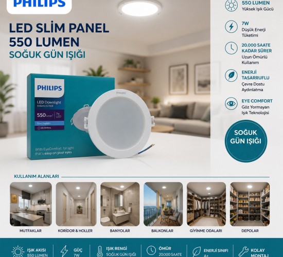 PHILIPS ( 7W ) ( SIVA ALTI ) ( YUVARLAK ) LED SLİM PANEL ( 550LUMEN ) ( 20.000 SAAT ÖMÜR )*20