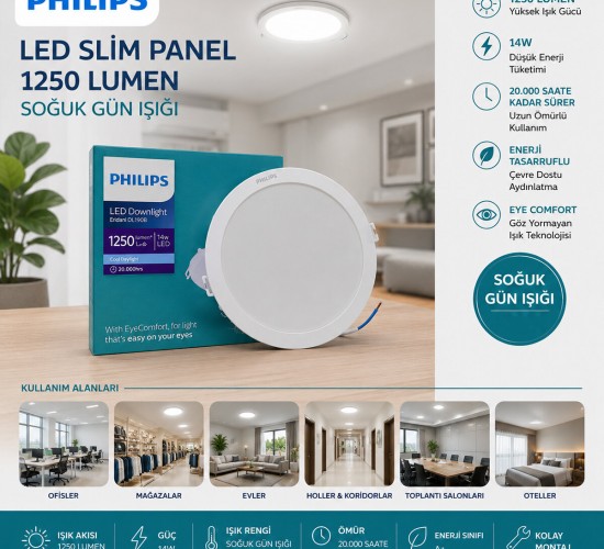 PHILIPS ( 14W ) ( SIVA ALTI ) ( YUVARLAK ) LED SLİM PANEL ( 1250LUMEN ) ( 20.000 SAAT ÖMÜR )*20