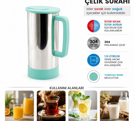 KRT-1138 ( TURKUAZ & PASLANMAZ ÇELİK ) ( SICAK & SOĞUK ) ÇELİK SÜRAHİ*24