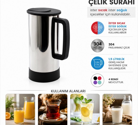 KRT-1139 ( GRİ & PASLANMAZ ÇELİK ) ( SICAK & SOĞUK ) ÇELİK SÜRAHİ*24