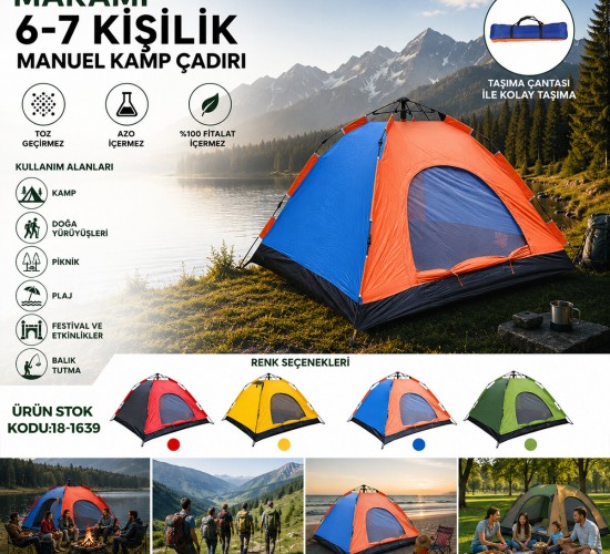 MAKAMP-083B (6-7 KİŞİLİK) (TOZ GEÇİRMEZ) (220CMX250CMX150CM) MANUEL KAMP ÇADIR*15