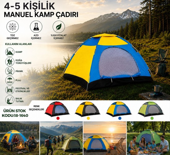 MAKAMP-083A (4-5 KİŞİLİK) (TOZ GEÇİRMEZ) (200CMX200CMX135CM) MANUEL KAMP ÇADIR*20
