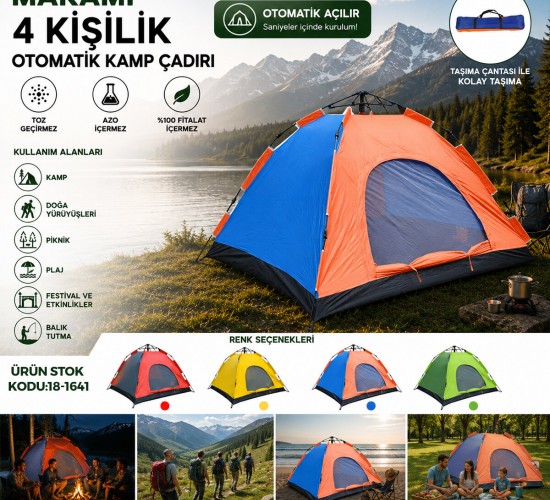 MAKAMP-084 (4KİŞİLİK) (TOZ GEÇİRMEZ) (200CMX200CMX135CM) OTOMATİK KAMP ÇADIR*10