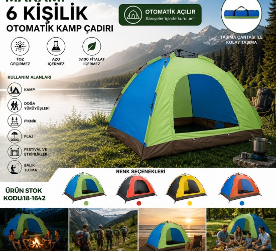 MAKAMP-084A (6 KİŞİLİK) (TOZ GEÇİRMEZ) (220CMX250CMX165CM) OTOMATİK KAMP ÇADIR*10