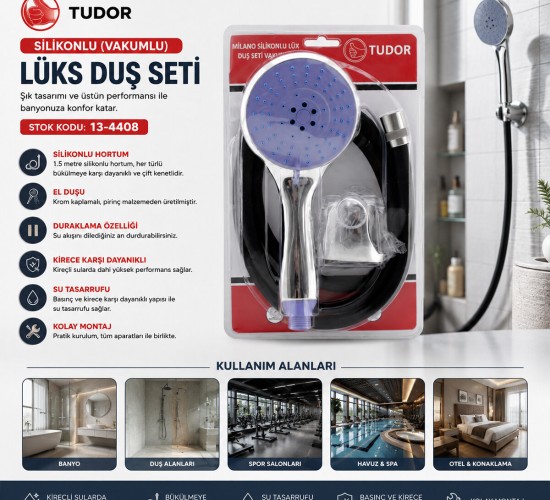 TUDOR TDR-253 MİLANO ( VAKUMLU & SİLİKON ) LÜKS DUŞ SETİ (DUŞ BAŞLIK=MİX) (SİLİKON HORTUM=1.5MT) (MAFSAL=3 KADEME)*50