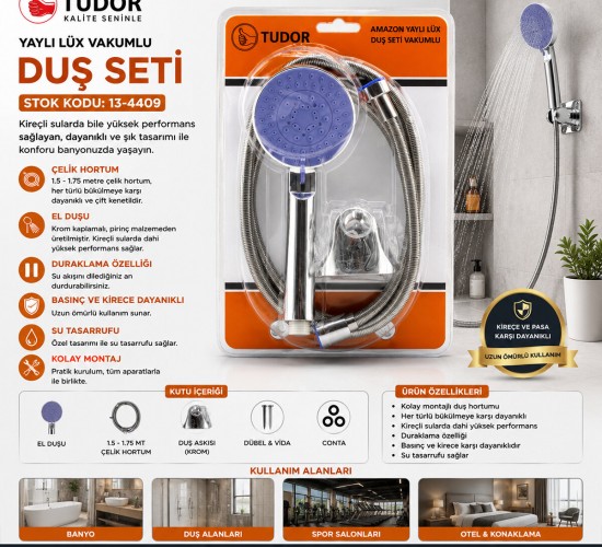 TUDOR TDR-254 ( VAKUMLU & KROM ) LÜKS DUŞ SETİ ( METAL YAYLI HORTUM=150CM ) (MAFSAL )*50