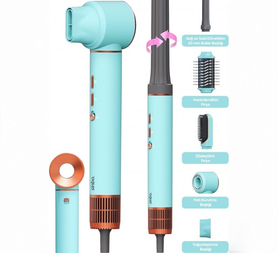 SİNBO SHD-1729 ( MAVİ ) AİR BRUSH (5İN1=BUKLE-HACİMLE-DÜZLEŞTİR-2-FIRÇA) SAÇ KURUTMA & ŞEKİL MAKİNESİ (1300W)(3-KDM.HIZ SICAKLIK)*4