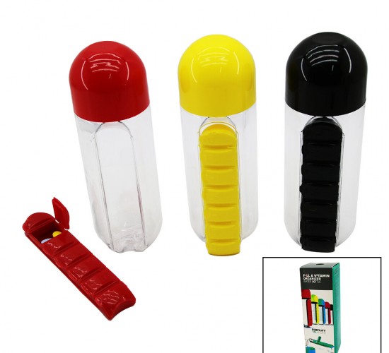 BAYSA PILL & VITAMIN ORGANIZER-830-730 ( İLAÇ KUTULU ) PLASTİK SULUK MATARA ( RENKLİ BARDAK KAPAKLI ) 600ML*60