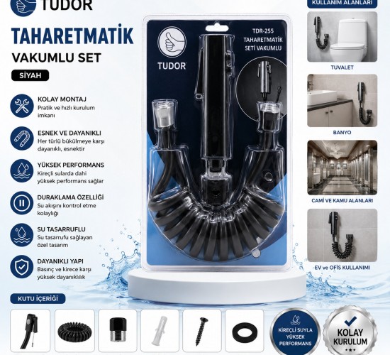 TUDOR TDR-255 ( SİYAH ) TAHARATMATİK SETİ ( TAHARATMETİK EL DUŞU- HORTUM - MAFSAL ) ( VAKUMLU SET )*50