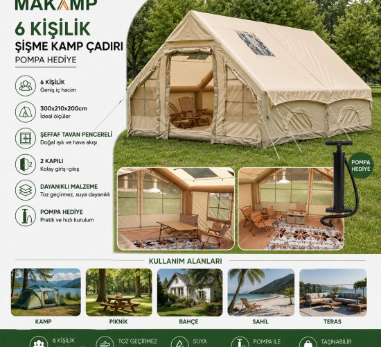 MAKAMP-077 (6 KİŞİLİK) (POMPA HEDİYE) (TOZ GEÇİRMEZ) (300CMX210CMX200CM) ŞİŞME ÇADIR*1