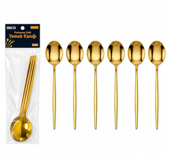İBİCO İ22-437 ( 6PCS ) ( GOLD ) YEMEK KAŞIK SETİ ( 21CM )*10X10