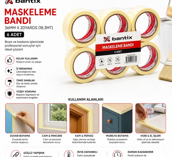 BANTİX ( 36MM X 20YARDS=18.3MT ) MASKELEME BANT ( BANDI )*6X8
