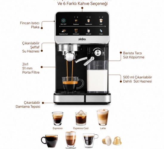 SİNBO SCM-2996 PRO ( SİYAH ) ESPRESSO KAHVE MAKİNESİ ( 6 FARKLI KAHVE ) ( 1.5LT SU HAZNE & 500ML SÜT HAZNE )*1