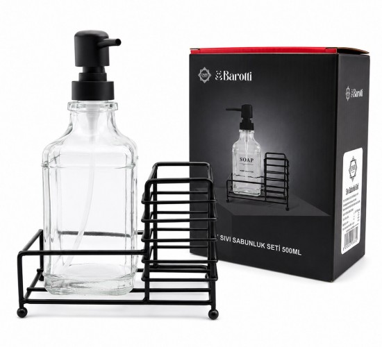 BAROTTİ DMR-9779 ( CAM ŞİŞE & 500ML ) ( SİYAH METAL STAND & SİYAH POMPA ) SIVI SABUNLUK SETİ*24