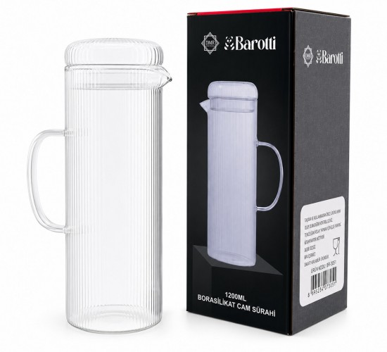 BAROTTİ DMR-9793 ( CAM KAPAKLI & ÇİZGİLİ DESEN ) CAM SÜRAHİ & BOROSİLİKAT ( 1200ML )*12=K