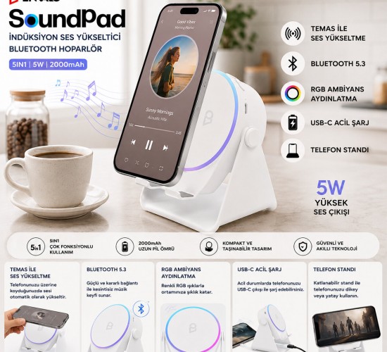 ENKADO EKD-S11 SOUNDPAD ( 5IN1 & 5W & 2000mAh) ( TEMAS İLE SES YÜKSELTME & TELEFON STAND & USB-C ŞARJ ) ( BEYAZ ) İNDİKSİYON SES YÜKSELTİCİ BLUETOOTH HOPARLÖR ( SPEAKER )*20