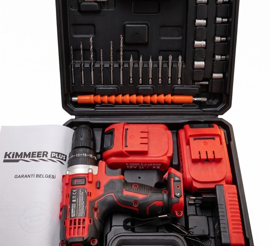 KİMMER PLUS 12V 1.5 AH METAL ŞANZIMAN ÇİFT AKÜLÜ ŞARJLI 24 PARÇA AKÜLÜ VİDALAMA MATKAP