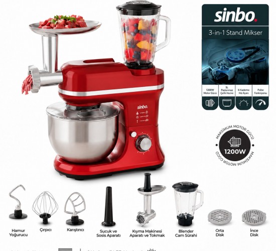 SİNBO SMX-2772 ( KIRMIZI ) STANDLI MİKSER & BLENDER SETİ (3IN1)(KIYMA MAK. APARATI)(5 KADEM. HIZ AYAR )(4.5LT HAZNE & 1.5LT BLENDER)(1500W)*1