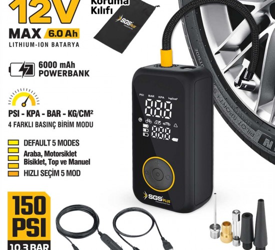 SGS ŞARJLI HAVA KOMPRESÖRÜ DİJİTAL 12V 6.0 Ah (150 PSI) SGS5398