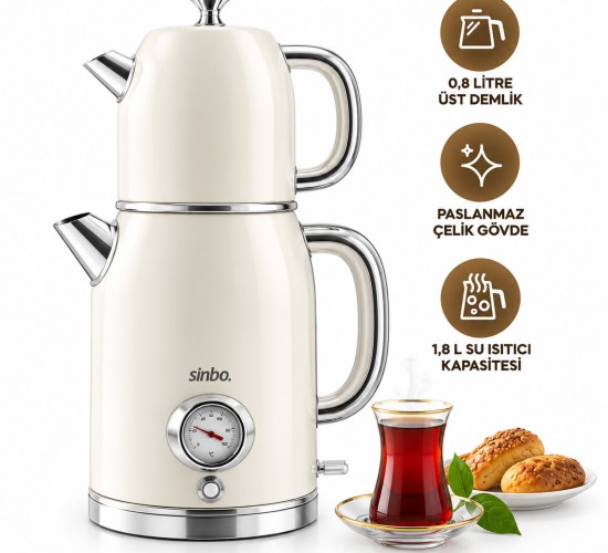 SİNBO STM-5849 KREM ( ELEKTRİKLİ ) ( CAM DEMLİKLİ ) ( PLASTİK ) RETRO ÇAY SETİ ÇAYCI ( DERECE GÖSTERGELİ ) ( 1600W ) ( 1.8LT & 1LT )*4