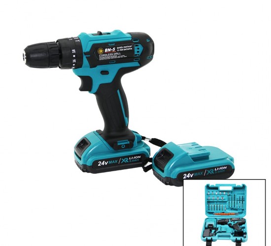 (BANCO-100) (MAVİ) (1250 RPM) BN-5 F-136 (CORDLESS DRILL FULL) (ŞARJLI=24V=5.0Ah & 2 BATARYA) MATKAP SETİ ÇANTALI*10
