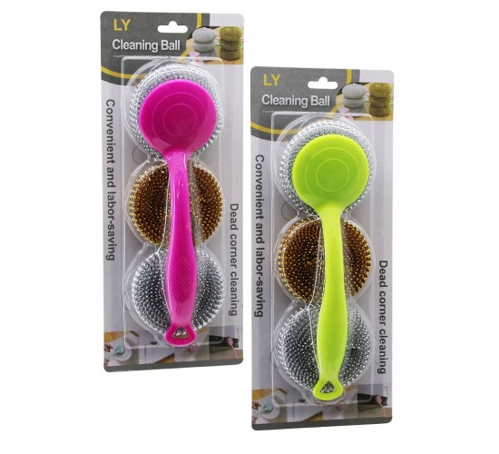 İBİCO İ21-106 LY CLEANİNG BALL ( 3PCS ) BULAŞIK TEMİZLİK TOP TEL SETİ ( LAVABO ) ( RENKLİ PLASTİK SAPLI & YEDEKLİ )*10X10