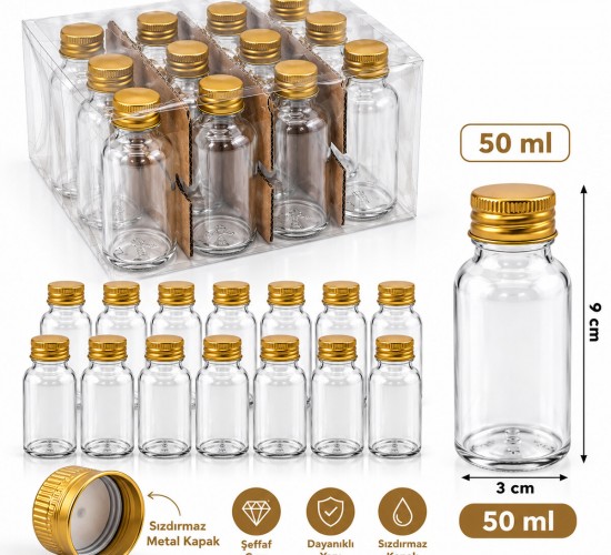 YAKUT-13863 ( 50ML ) ( ÇOK AMAÇLI & DEKORATİF ) ( BOŞ TÜP ) CAM ŞİŞE ( GOLD METAL KAPAKLI )*12X24