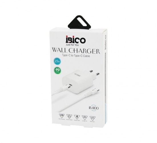 İBİCO İB-4100 ( TYPE-C TO=( TYPE-C ) (SET) (EV BAŞLIK + KABLO=1MT) TELEFON ŞARJ (HIZLI) (25W) (9V-12V-3.0A & 25W-1.5A)*10X10