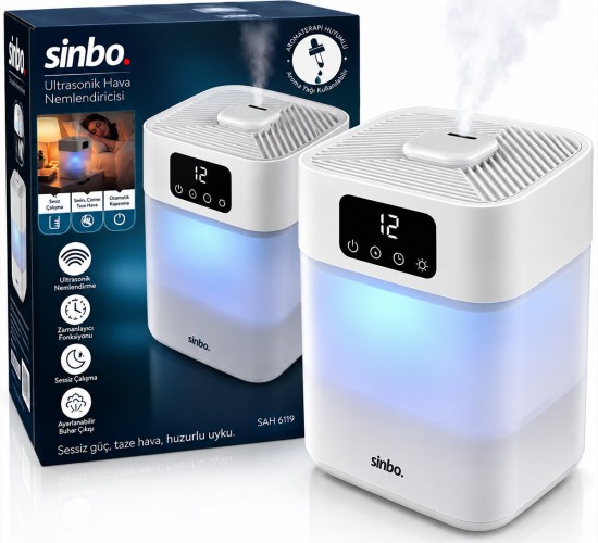 SİNBO SAH-6119 ( BEYAZ ) ( SESSİZ ÇALIŞMA ) (3 KADEMELİ BUHAR AYAR ) ( 5.5LT SU HAZNE & 7 RENK GECE LAMBA ) ULTRASONİK HAVA NEMLENDİRİCİ*4