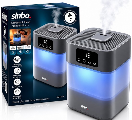 SİNBO SAH-6119 ( GRİ ) ( SESSİZ ÇALIŞMA ) (3 KADEMELİ BUHAR AYAR ) ( 5.5LT SU HAZNE & 7 RENK GECE LAMBA ) ULTRASONİK HAVA NEMLENDİRİCİ*4