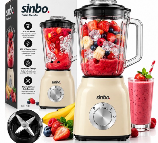 SİNBO SHB-7516 ( KREM ) TURBO EL BLENDER SETİ ( DOĞRAYICI & MİKSER & BLENDER ) ( 600W ) ( 2 KADEME HIZ ) ( 1.5LT CAM HAZNE )*4