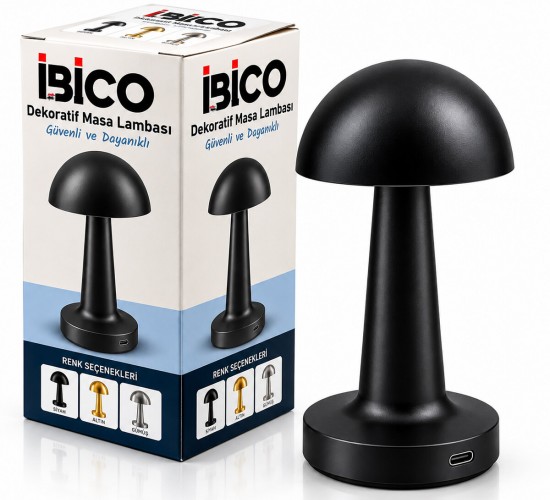 İBİCO İ10-028 ( SİYAH & OVAL ) DEKORATİF MASA LAMBASI MANTAR ( DOKUNMATİK ) ( USB & TYPE-C ŞARJLI ) ( 3 FONKSİYON RENKLİ )*24