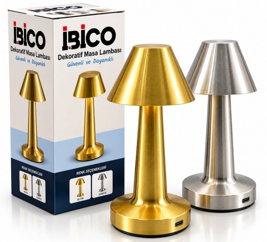 İBİCO İ10-030 ( GOLD - SİLVER & ÜÇGEN ) DEKORATİF MASA LAMBASI MANTAR ( DOKUNMATİK ) ( USB & TYPE-C ŞARJLI ) ( 3 FONKSİYON RENKLİ )*24=K