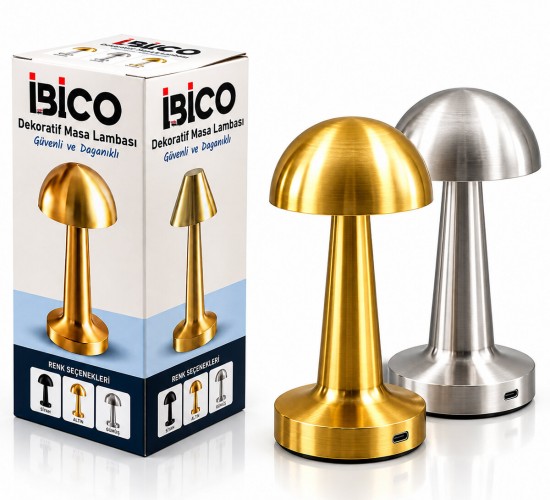 İBİCO İ10-028 ( GOLD - SİLVER & OVAL ) DEKORATİF MASA LAMBASI MANTAR ( DOKUNMATİK ) ( USB & TYPE-C ŞARJLI ) ( 3 FONKSİYON RENKLİ )*24=K