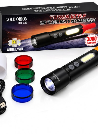 GOLD ORION OR-723 ( 2IN1 ) ZOOMLU EL FENERİ & COB LED ( 4 BAŞLIK ) ( ŞARJLI ) ( METAL KASA ) ( 3000LUMEN ) ( ASMA APARATI )*100