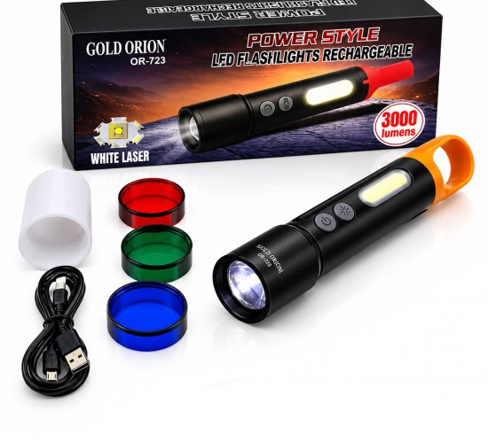 GOLD ORION OR-723 ( 2IN1 ) ZOOMLU EL FENERİ & COB LED ( 4 BAŞLIK ) ( ŞARJLI ) ( METAL KASA ) ( 3000LUMEN ) ( ASMA APARATI )*100