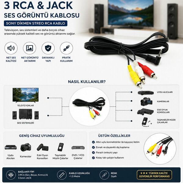 KRT-1135 ( 3 RCA & JACK ) SONY DİKMEN STREO RCA KABLO*15X1