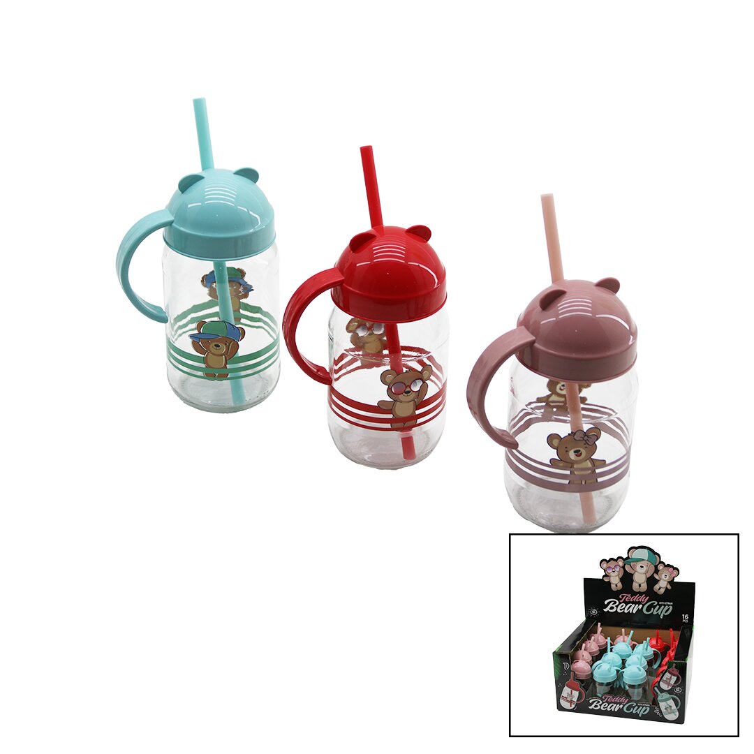 QLUX C-00374 TEDDY BEAR ( KULPLU ) ( PİPETLİ ) ( CAM ) BARDAK ( AYICIK RESİMLİ & FİGÜRLÜ ) (RENKLİ PLASTİK KAPAK) ( 370CC )*20=K